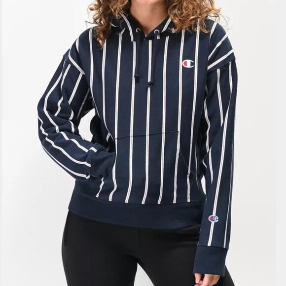 Champion Tops - Champion Women's Reverse Weave Navy Stripe Pullover Hoodie - S